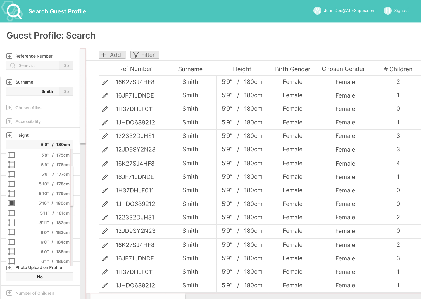 Custom application prototype - search guest profiles screen