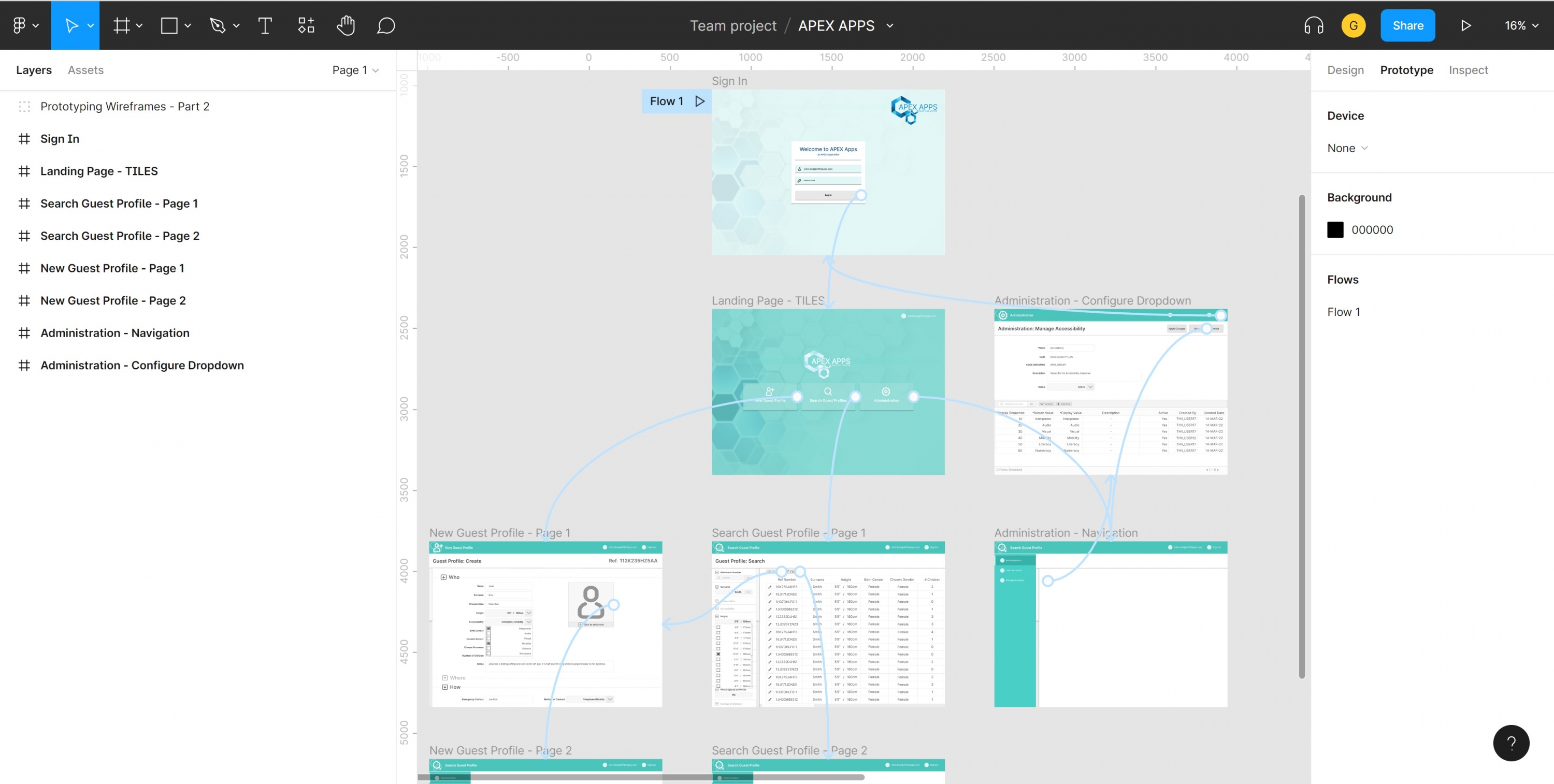 Custom application wireframe journeys