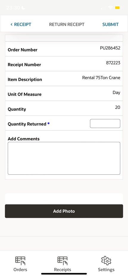 Return receipt screen